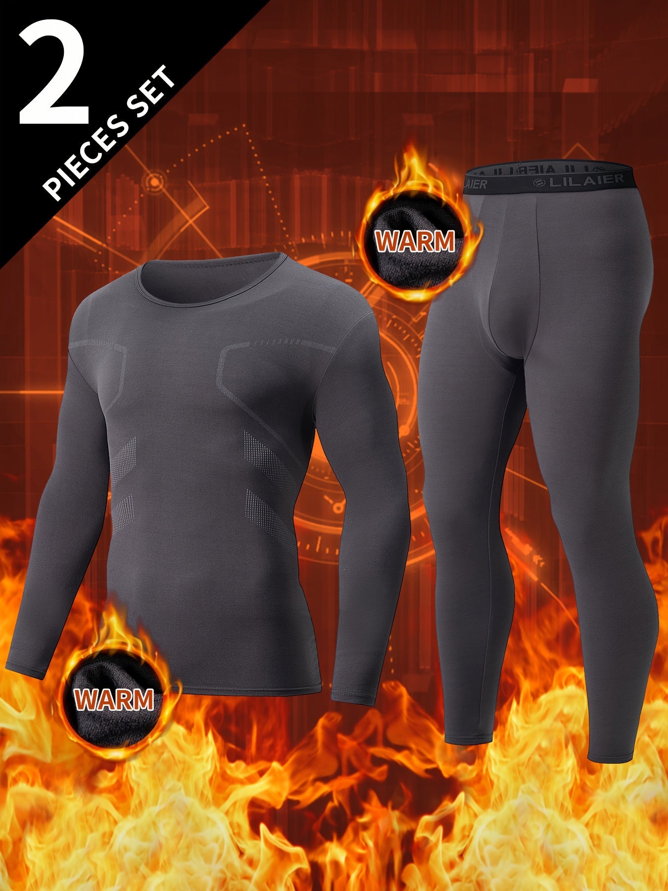 Men's thermal underwear set, long-sleeve shirt & pants, functional underwear, gray