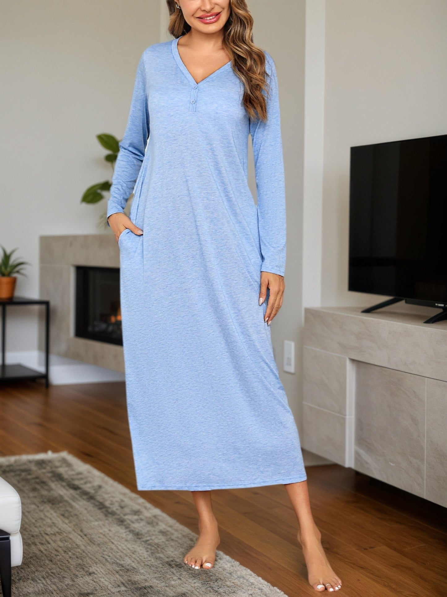 Women's Casual Long-Sleeve House Dress with V-Neck and Button Placket – Comfortable Relaxation and Loungewear Dress