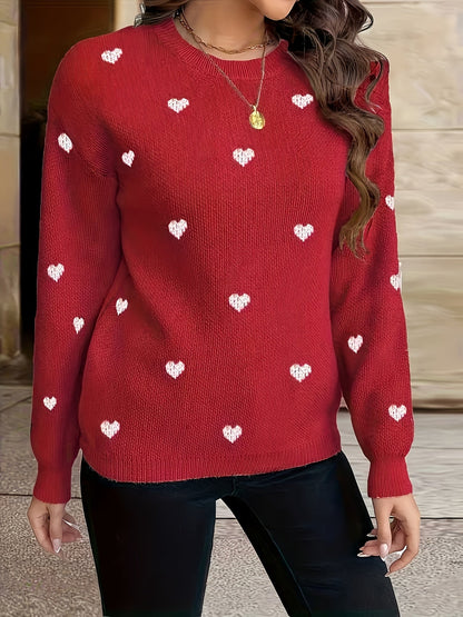 Damen Strickpullover mit Herzmuster Rundhals Langarm