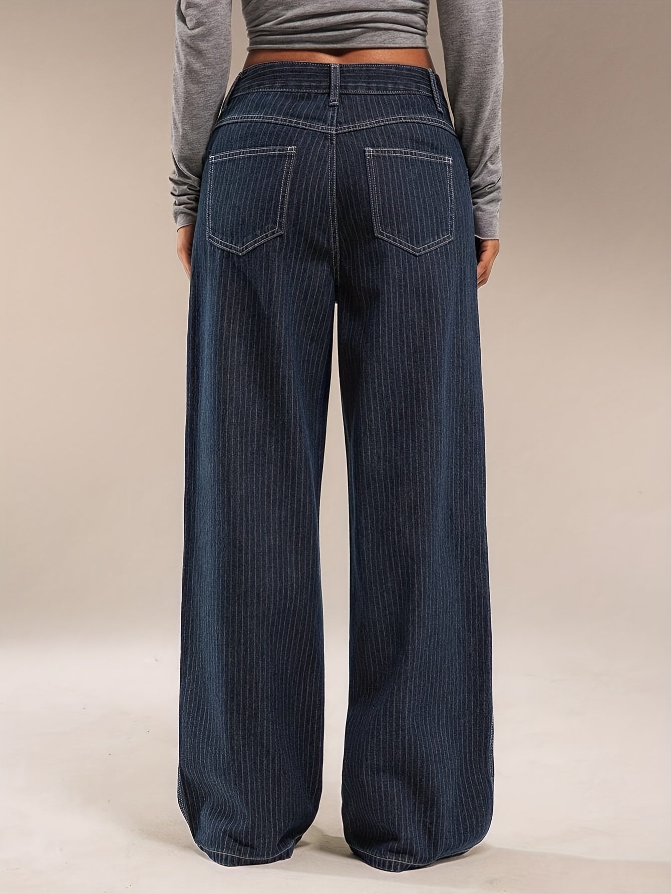Women's wide-leg striped dark blue jeans