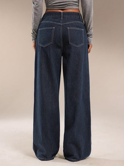 Women's wide-leg striped dark blue jeans
