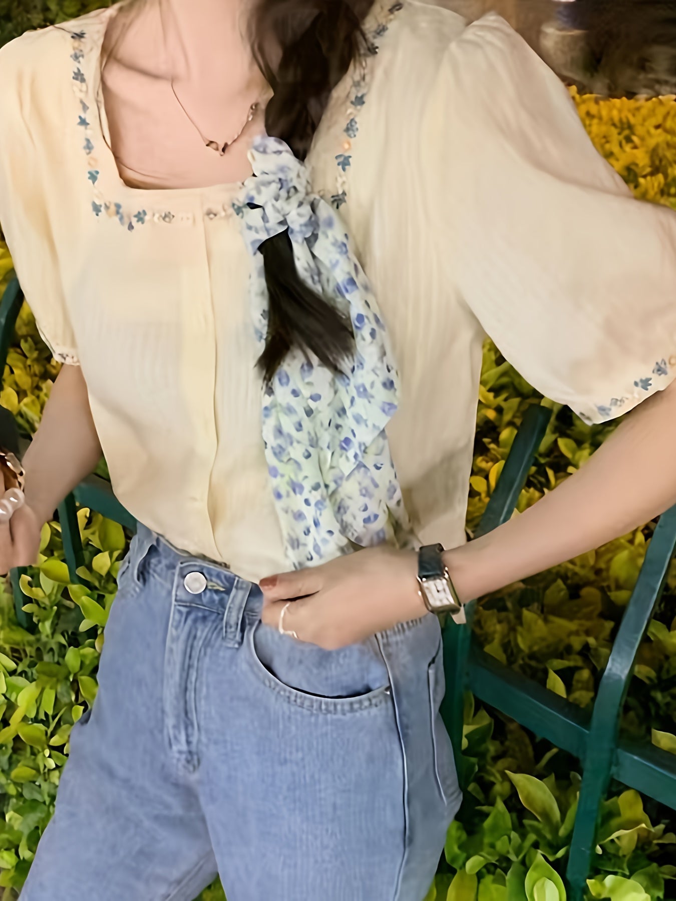Women's Blouse with Embroidery and Square Neckline – Elegant Spring and Summer Style