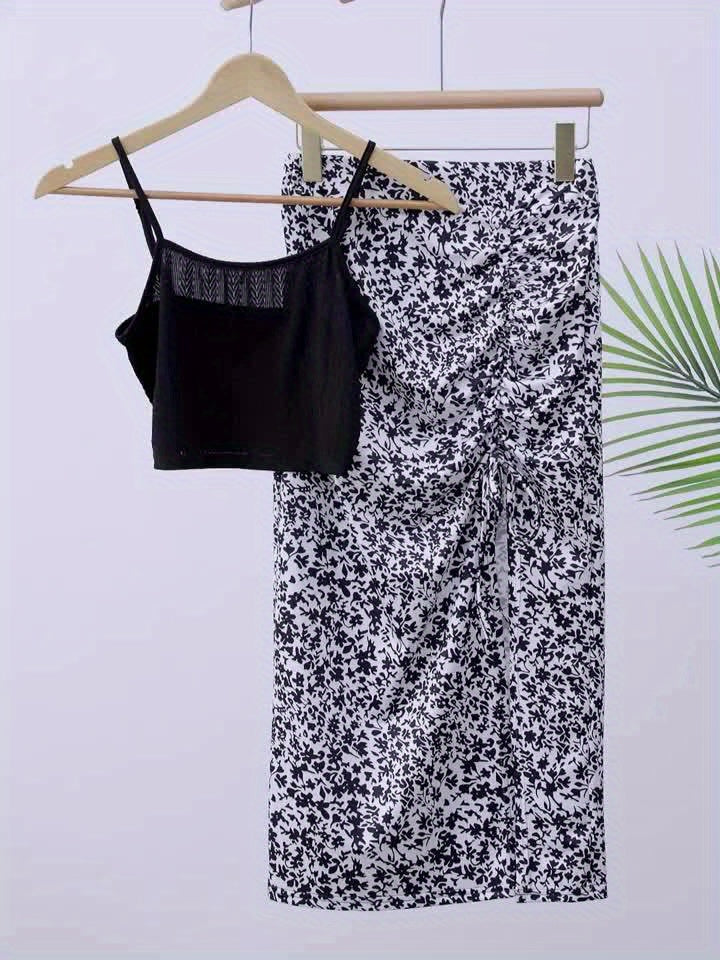 Women's Summer Outfit Set – Fashionable Top and Midi Skirt with Floral Design for Vacation and Leisure