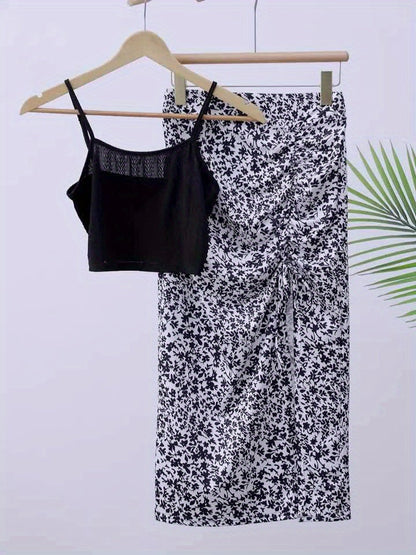 Women's Summer Outfit Set – Fashionable Top and Midi Skirt with Floral Design for Vacation and Leisure