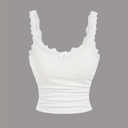 Women's Coquette-Style Camisole Top with Lace and Bow – Feminine Vintage Layering for Casual Wear
