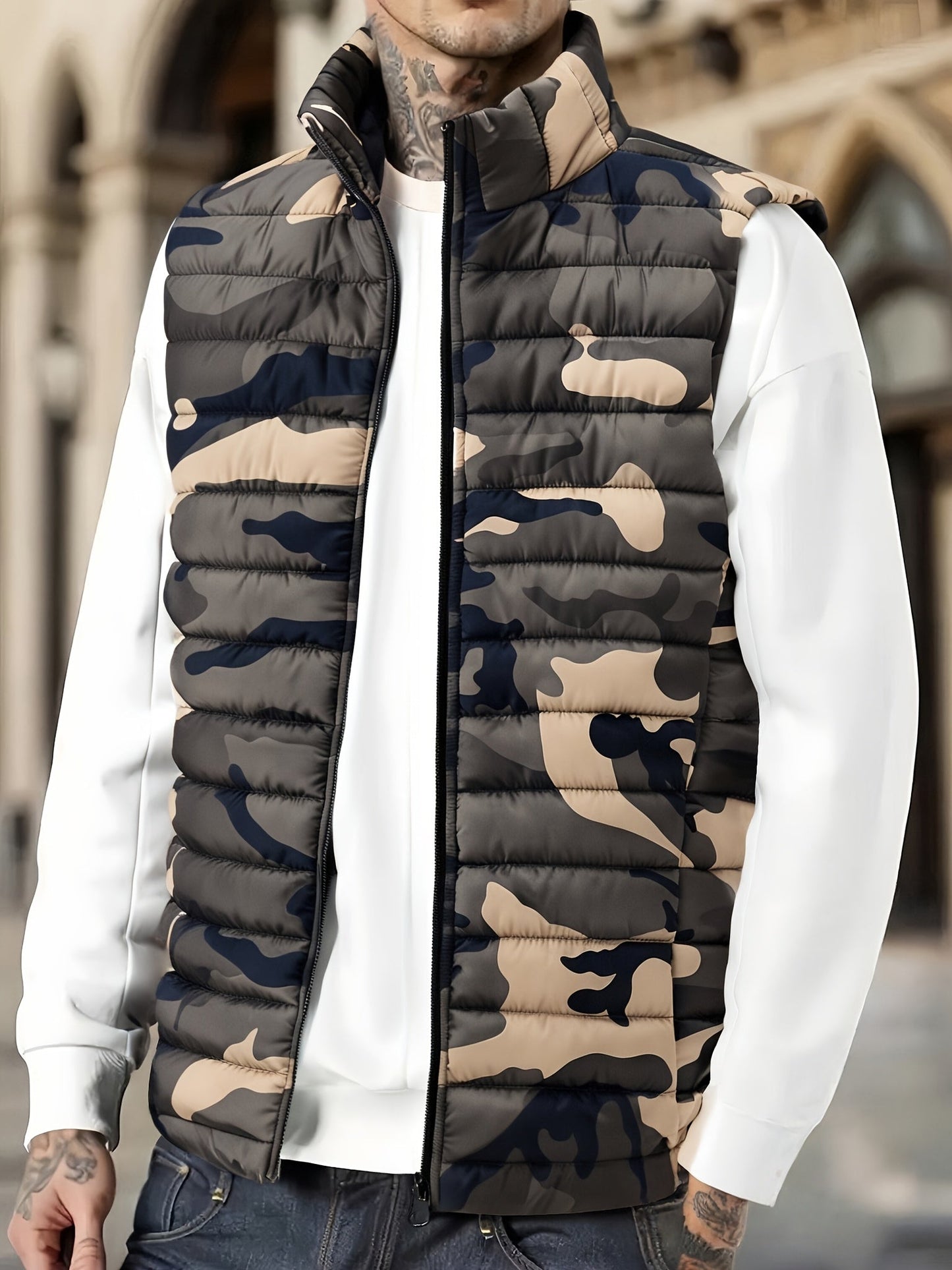 Unisex quilted camouflage vest with stand-up collar
