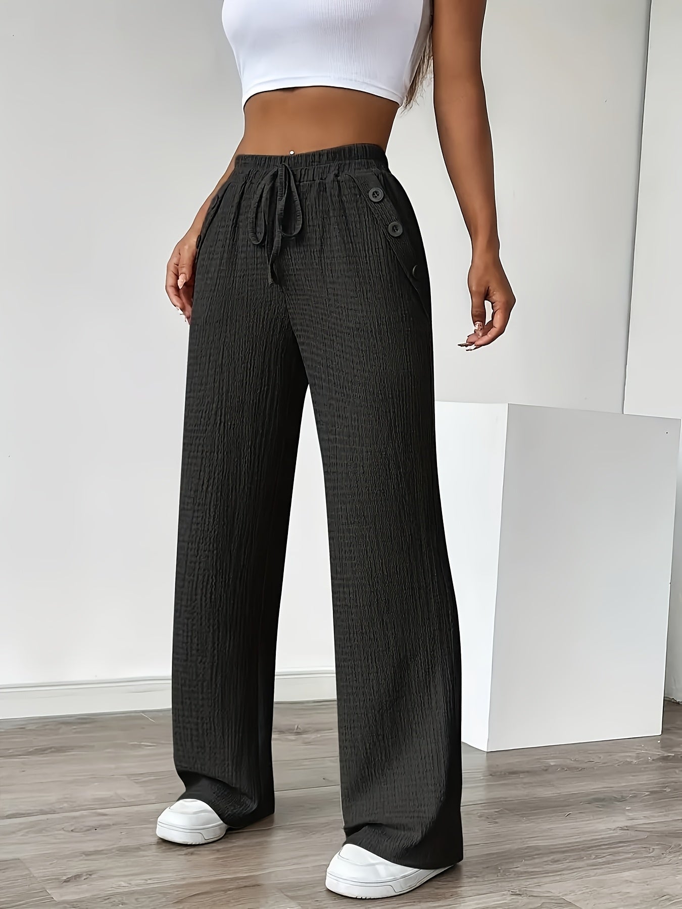Women's Straight Leg Casual Pants with Button Details and Drawstring – Ideal for Everyday and Leisure