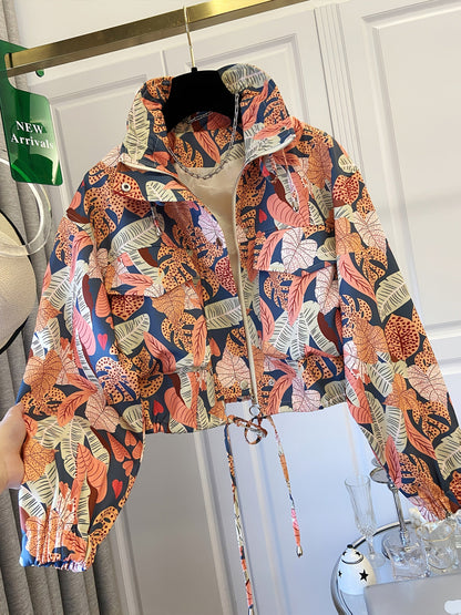 Women’s short jacket with stand-up collar and patterned print