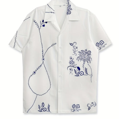 Men's Short-Sleeve Resort Shirt with Artistic Embroidery and Modern Floral Pattern – Stylish for Summer and Vacation