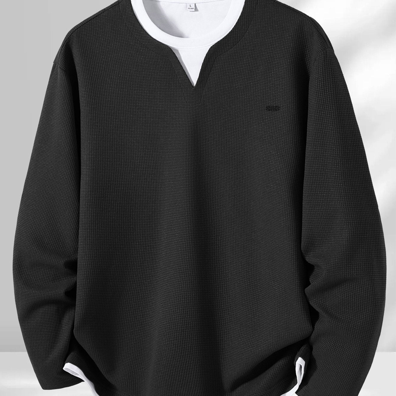 Men's Long-Sleeve Sweater, Waffle Texture, V-Neck, Two-Layer Look, Gray/Black