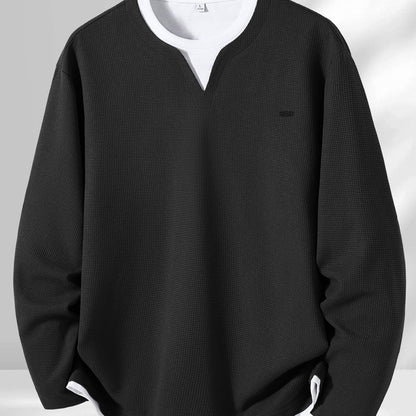 Men's Long-Sleeve Sweater, Waffle Texture, V-Neck, Two-Layer Look, Gray/Black