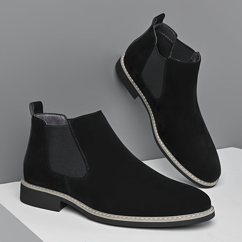 Men's Chelsea boots in faux suede with elastic inserts, brown and black