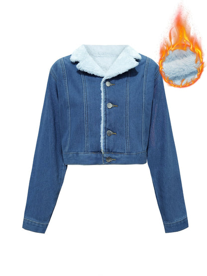 Women's cropped denim jacket with teddy lining, blue denim
