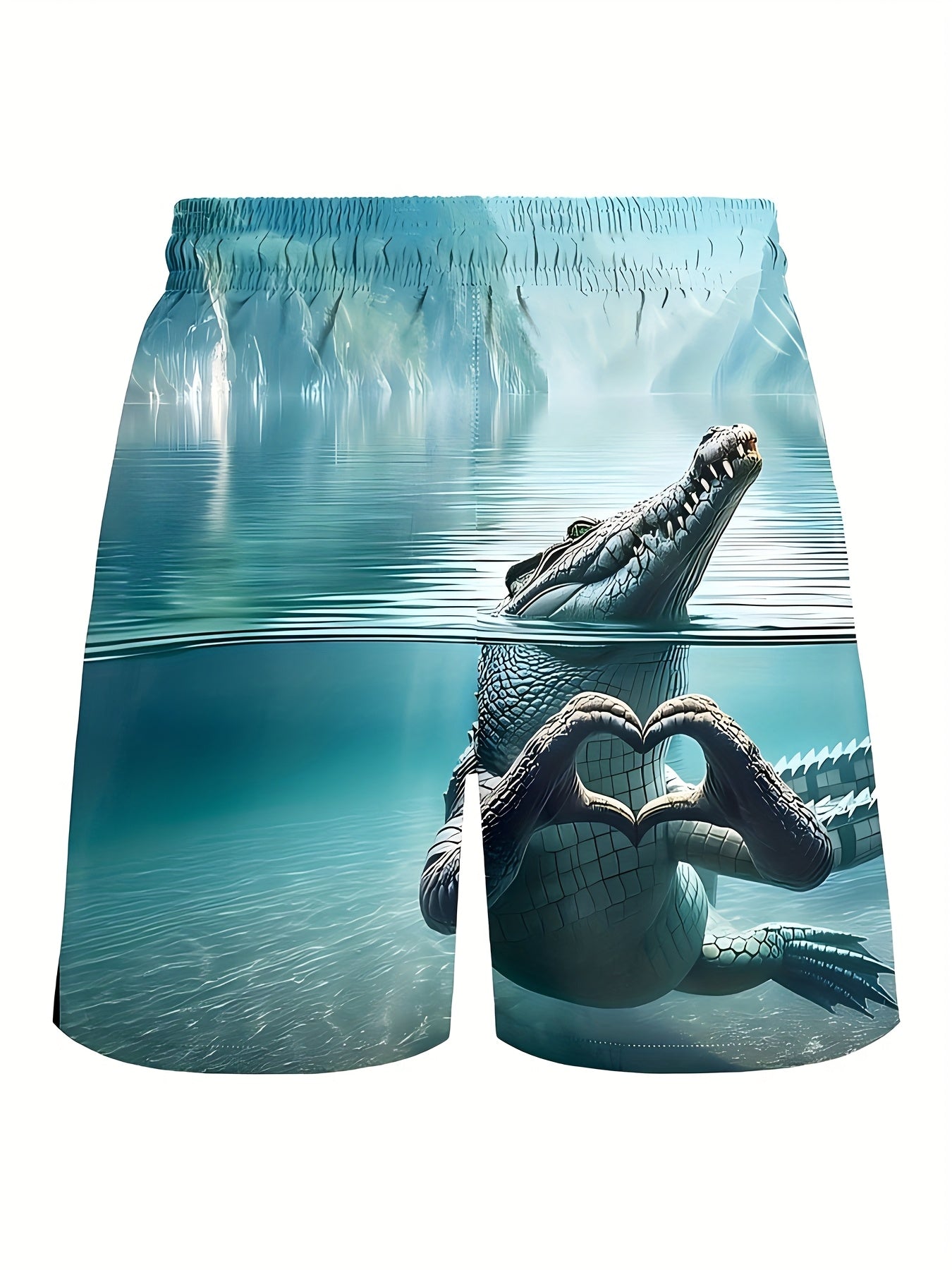 Men's swim shorts with funny crocodile print, heart motif – perfect for beach and pool