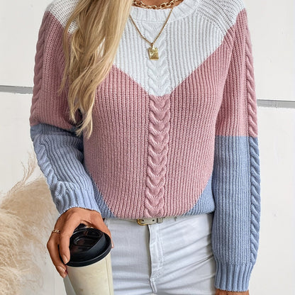 Women's knitted sweater, color-block cable-knit pattern, crew neck, white, light blue, dark blue