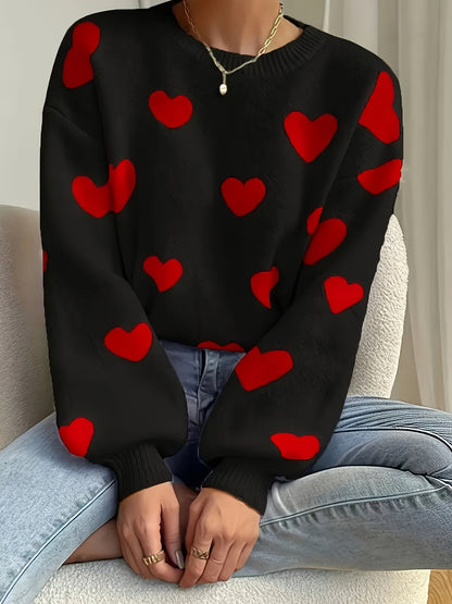 Women's sweater with heart pattern, crew neck, long-sleeve knit sweater