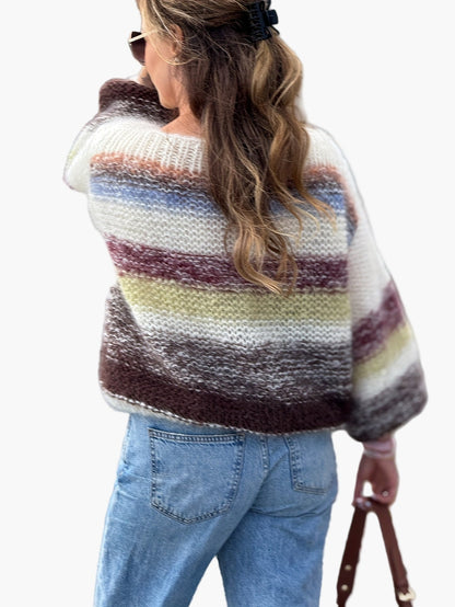 Damen Strickpullover mit Streifenmuster – Eleganter Herbst/Winter Pullover, Bequemer Alltagslook