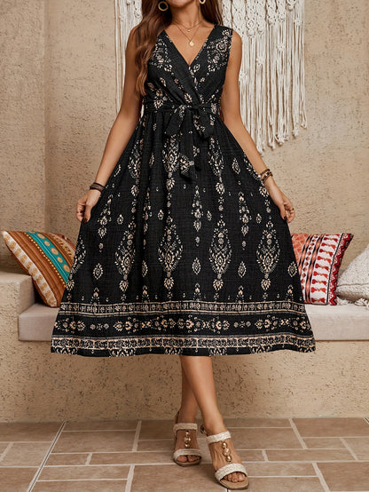 Women's Boho Maxi Dress with Belt and Floral Pattern – Elegant Summer Dress for Leisure and Vacation