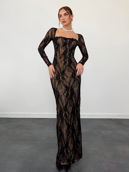 Women's Elegant Bodycon Evening Dress with Lace and Long Sleeves – Perfect for Special Occasions