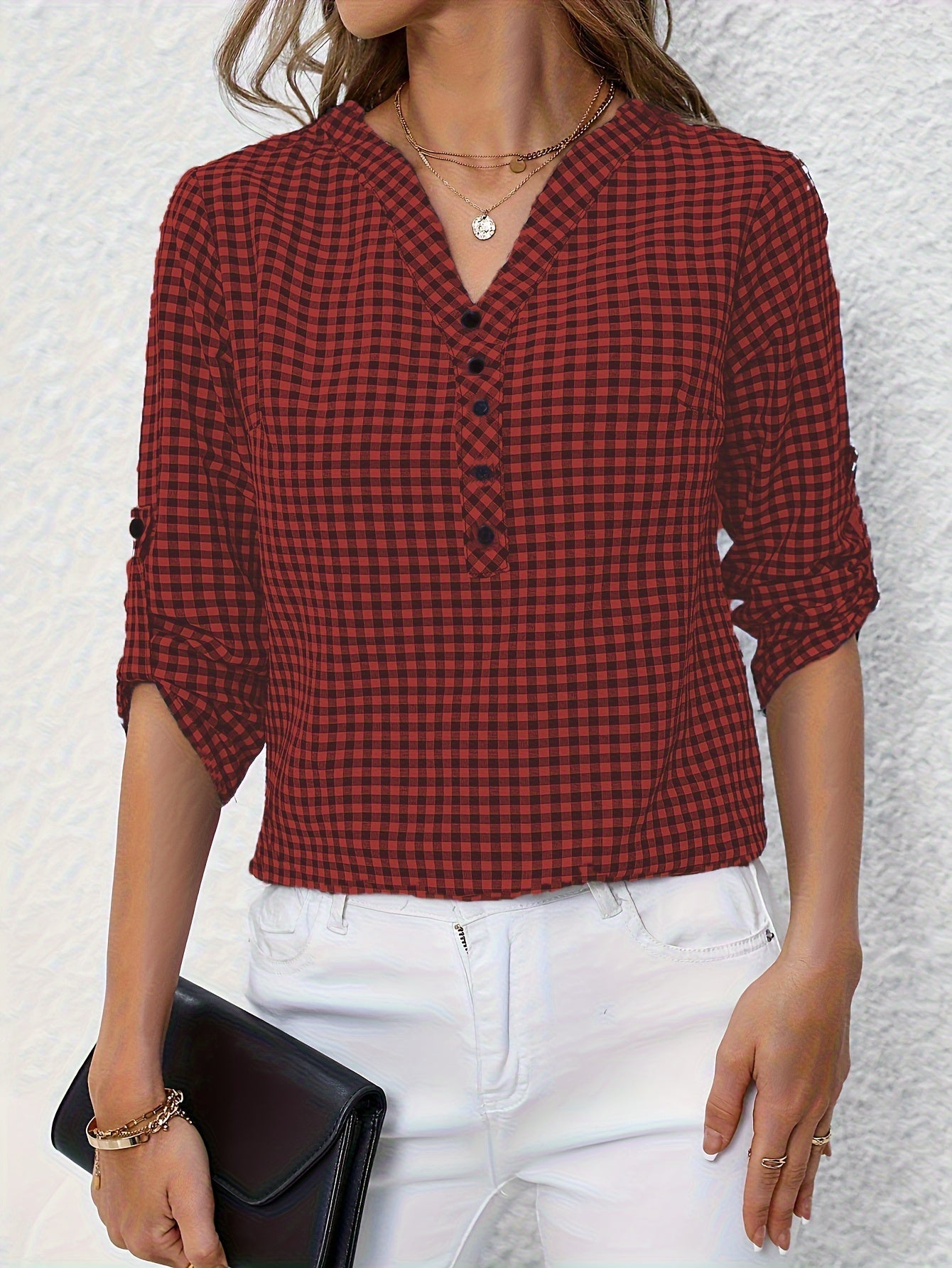 Women's blouse with check pattern and V-neck – casual shirt blouse for spring and summer