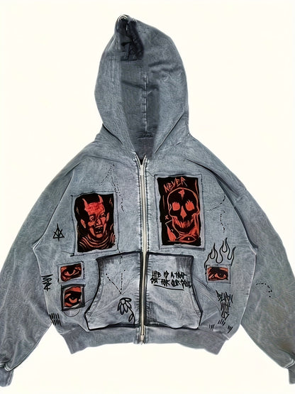 Unisex Kapuzenjacke mit Reißverschluss und Grafikprints, Grau
