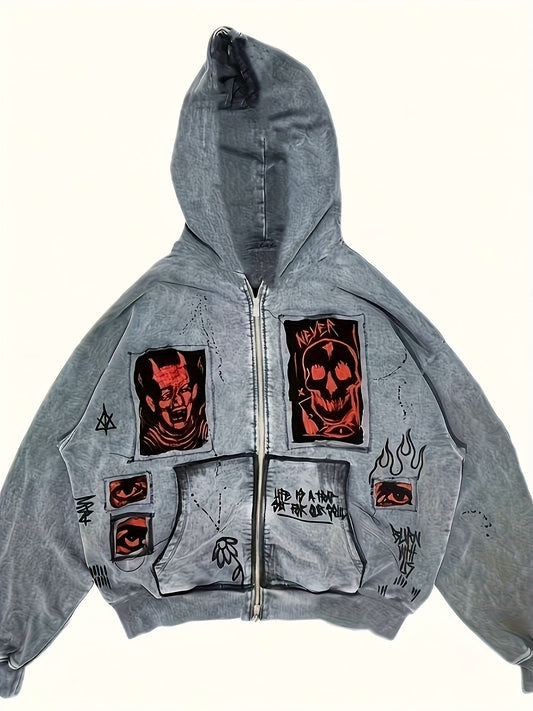 Unisex zip-up hoodie with graphic prints, Gray