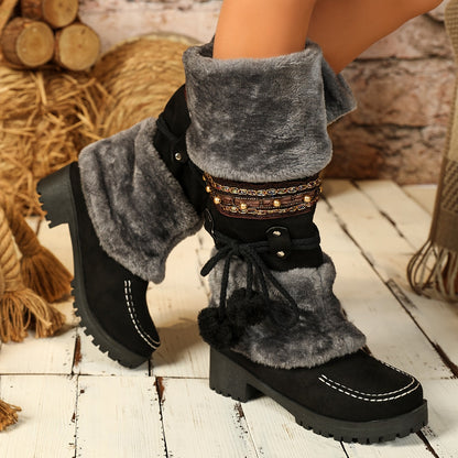Women's brown winter boots with faux fur, decorative straps & pom-poms