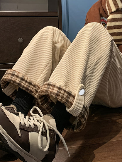 Corduroy trousers with a checked cuff – Wide fit, unisex