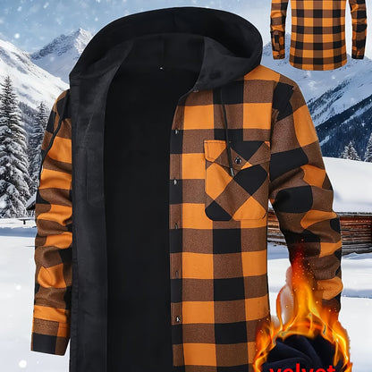 Men's checked flannel shirt with hood, lined, warm casual jacket, long sleeve