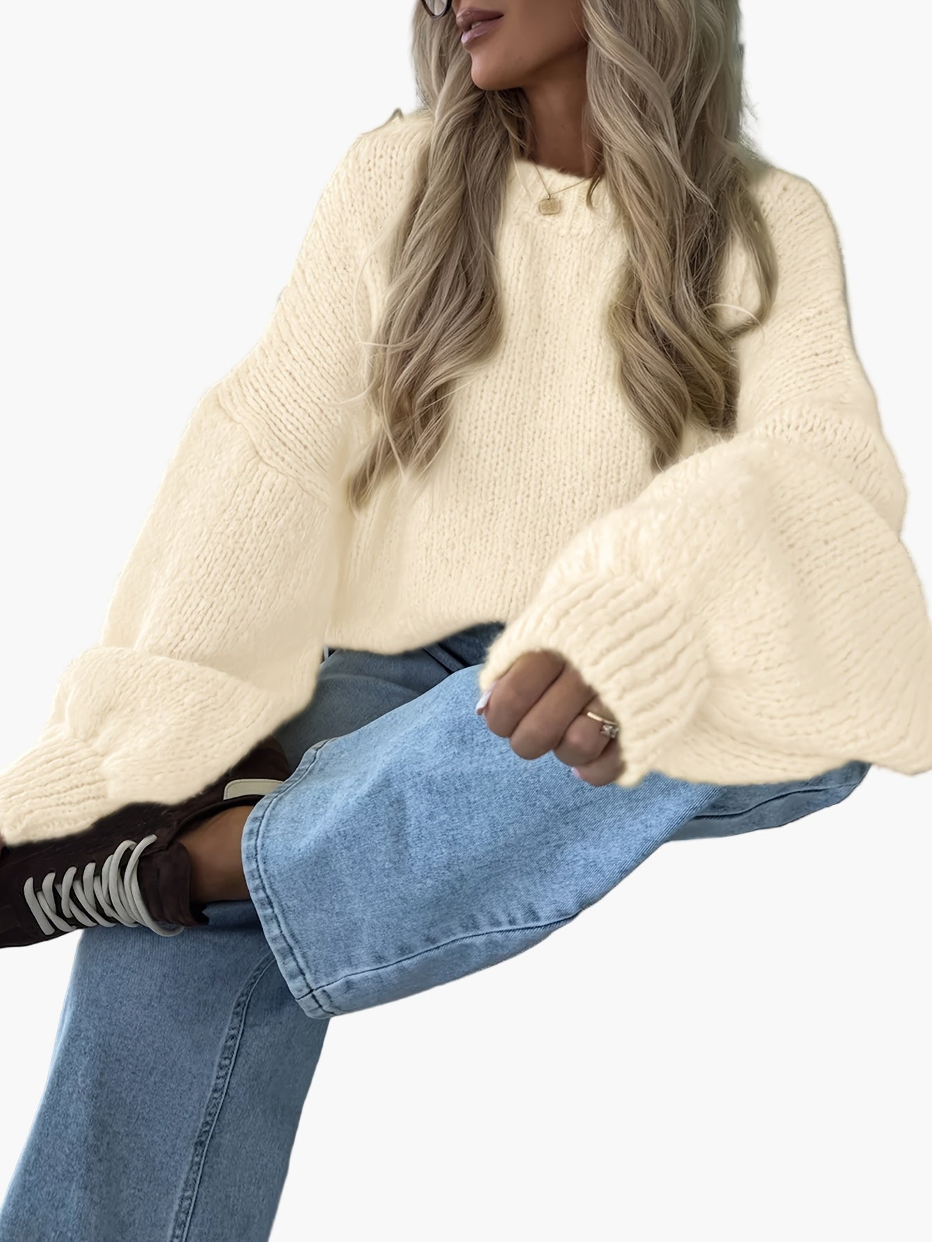 Women's knitted sweater with balloon sleeves and loose fit – fashionable casual look for autumn & winter