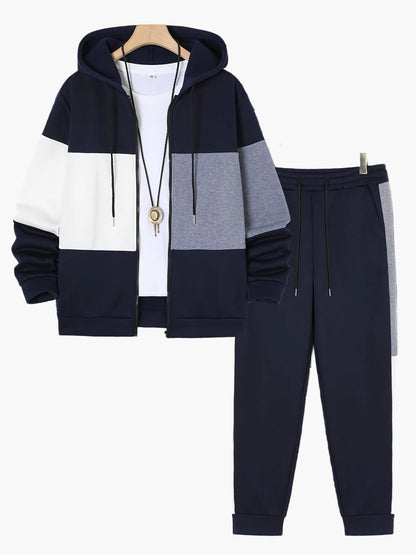 Herren Freizeit Trainingsanzug mit Kapuze – Sportlicher Patchwork-Look für Alltag und Fitness