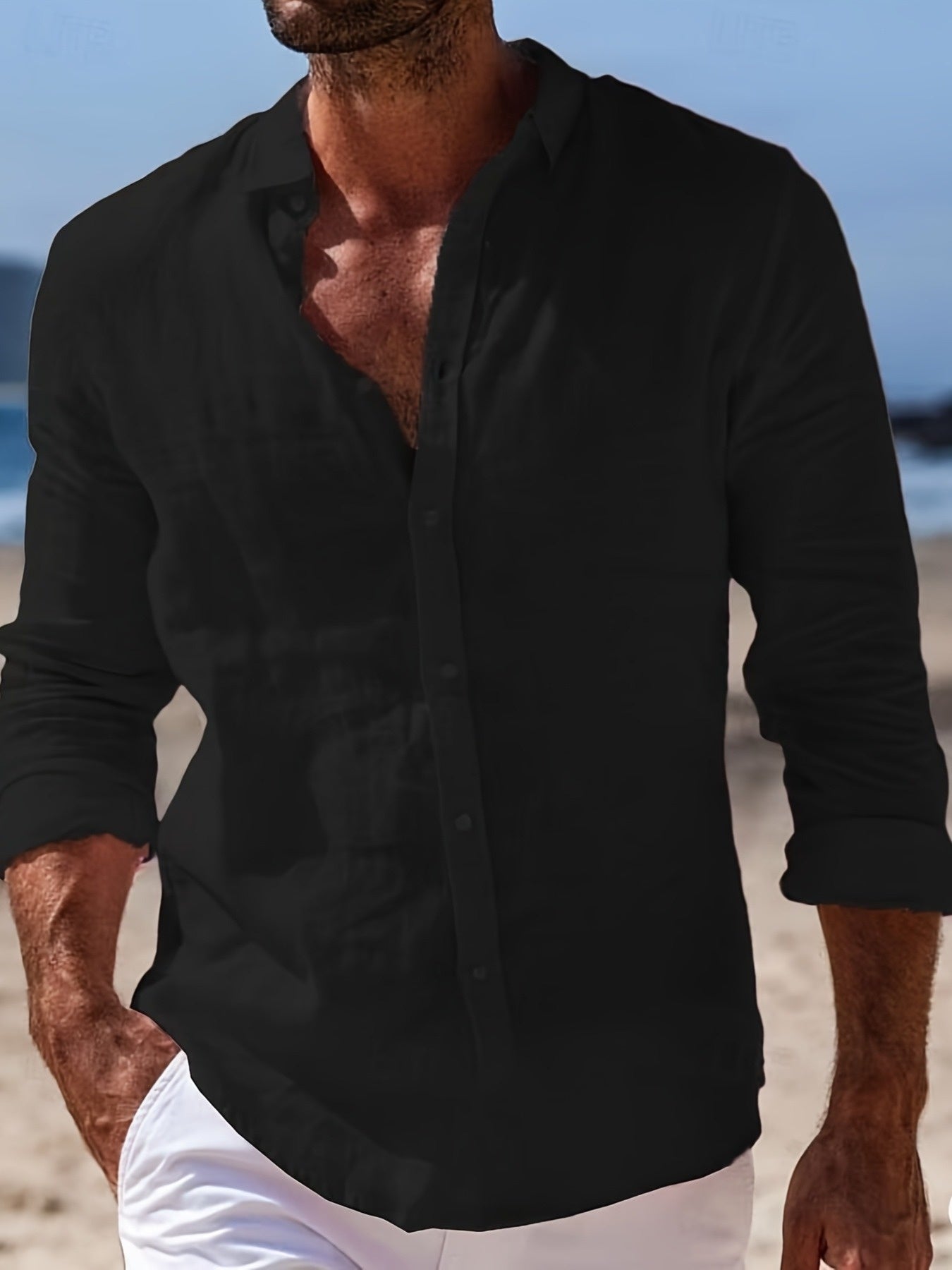Men's Casual Shirt with Button Placket – Stylish Long-Sleeve Shirt for Beach and Everyday Wear