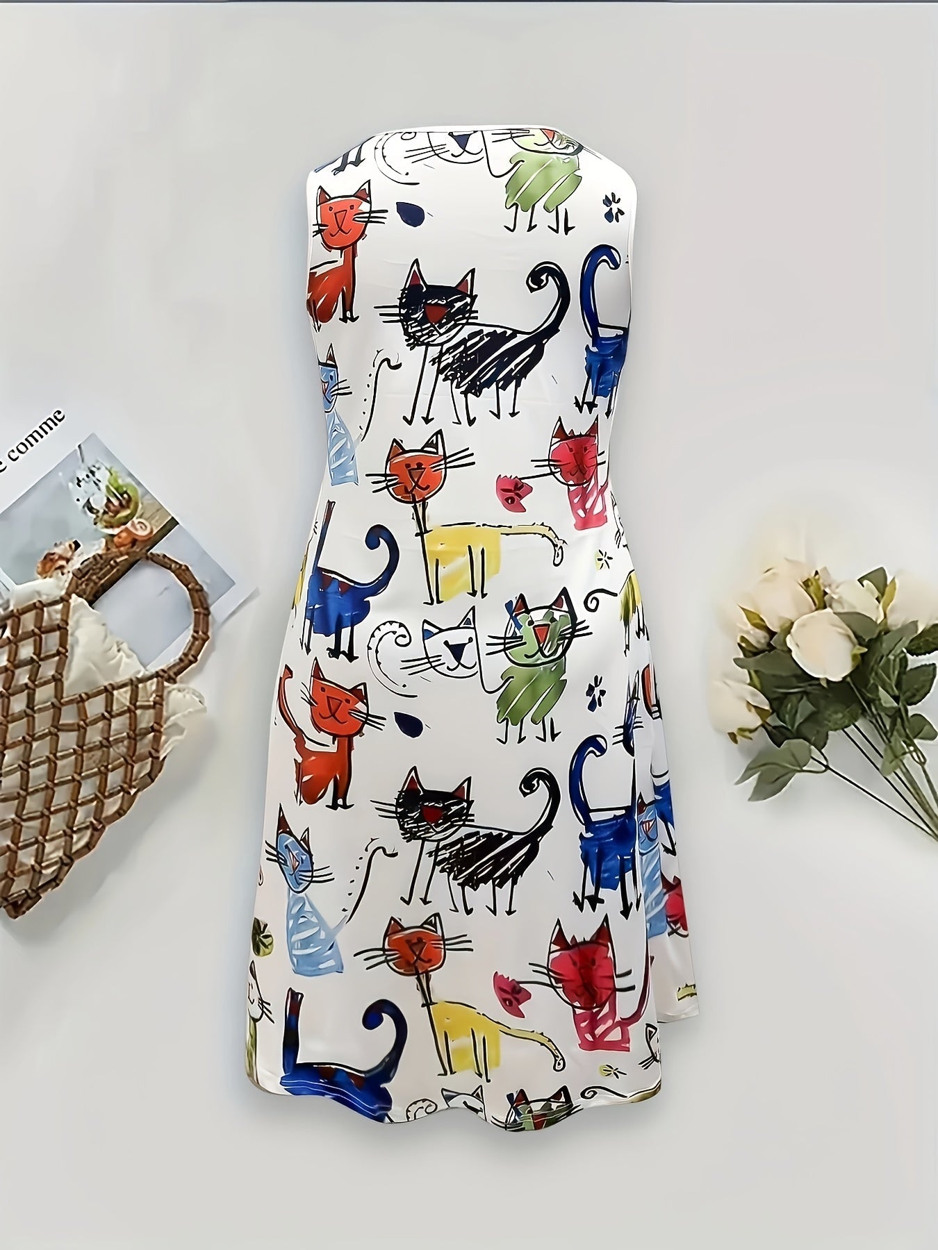 Women's summer dress with cat print, casual, sleeveless, A-line, ideal for everyday wear and leisure