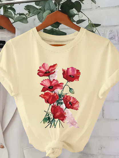 Women's T-Shirt with Floral Design – Casual Style, Spring/Summer, Floral Print