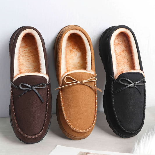 Lined men’s moccasin slippers – warm house slippers with a bow