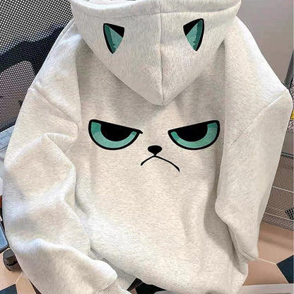 Light gray hoodie with cat print and ears on the hood