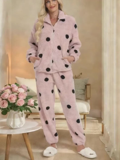 Women's Loungewear Set Plush Polka Dots Zipper Stand Collar Pajamas