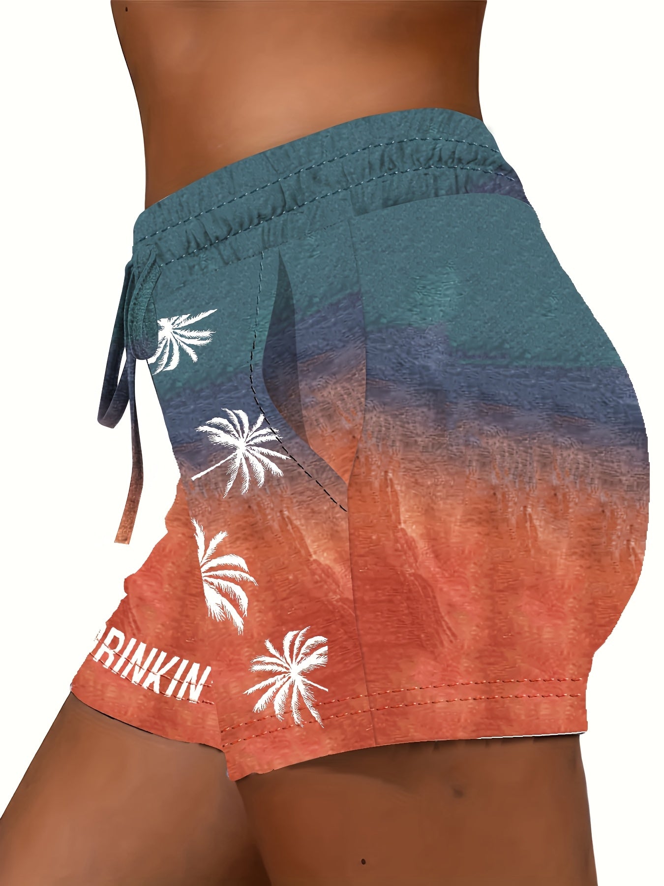 Women's casual shorts with palm tree print and "DAY DRINKIN'" statement for summer & vacation