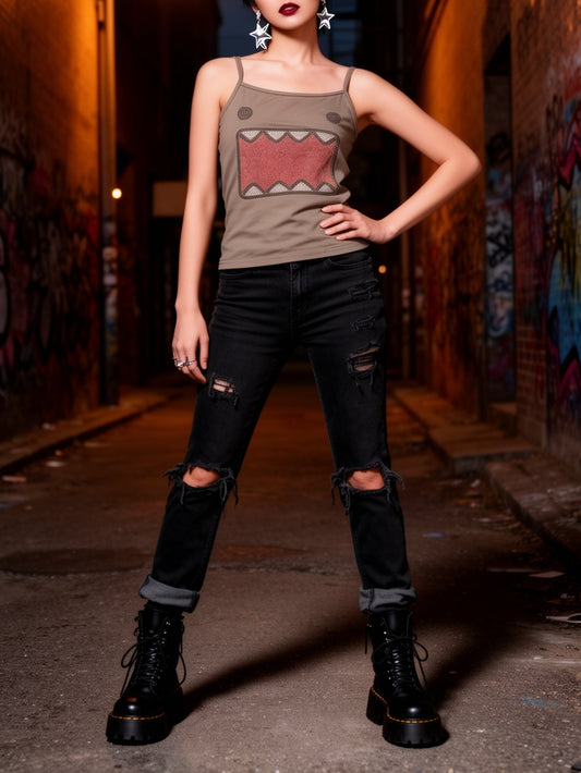 Women's Y2K Street Style Tank Top with Graphic Print and Ripped Jeans – Fashionable Casual Outfit