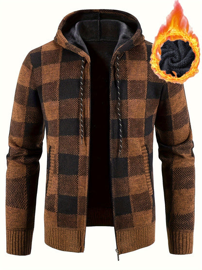 Herren Karierte Strickjacke mit Kapuze und Reißverschluss, gefüttert