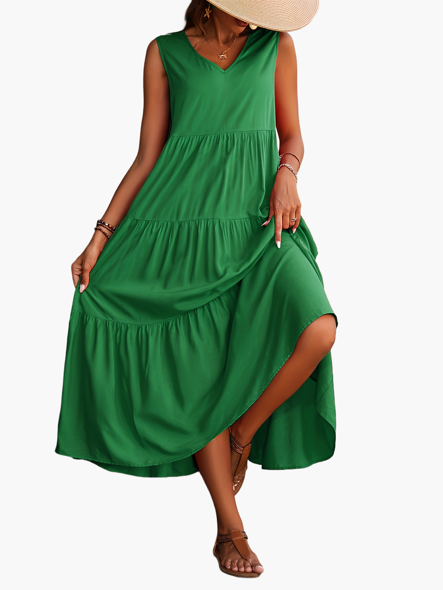 Women's Summer Maxi Dress Elegant with Tiered Skirt and V-Neck – Perfect for Leisure & Vacation