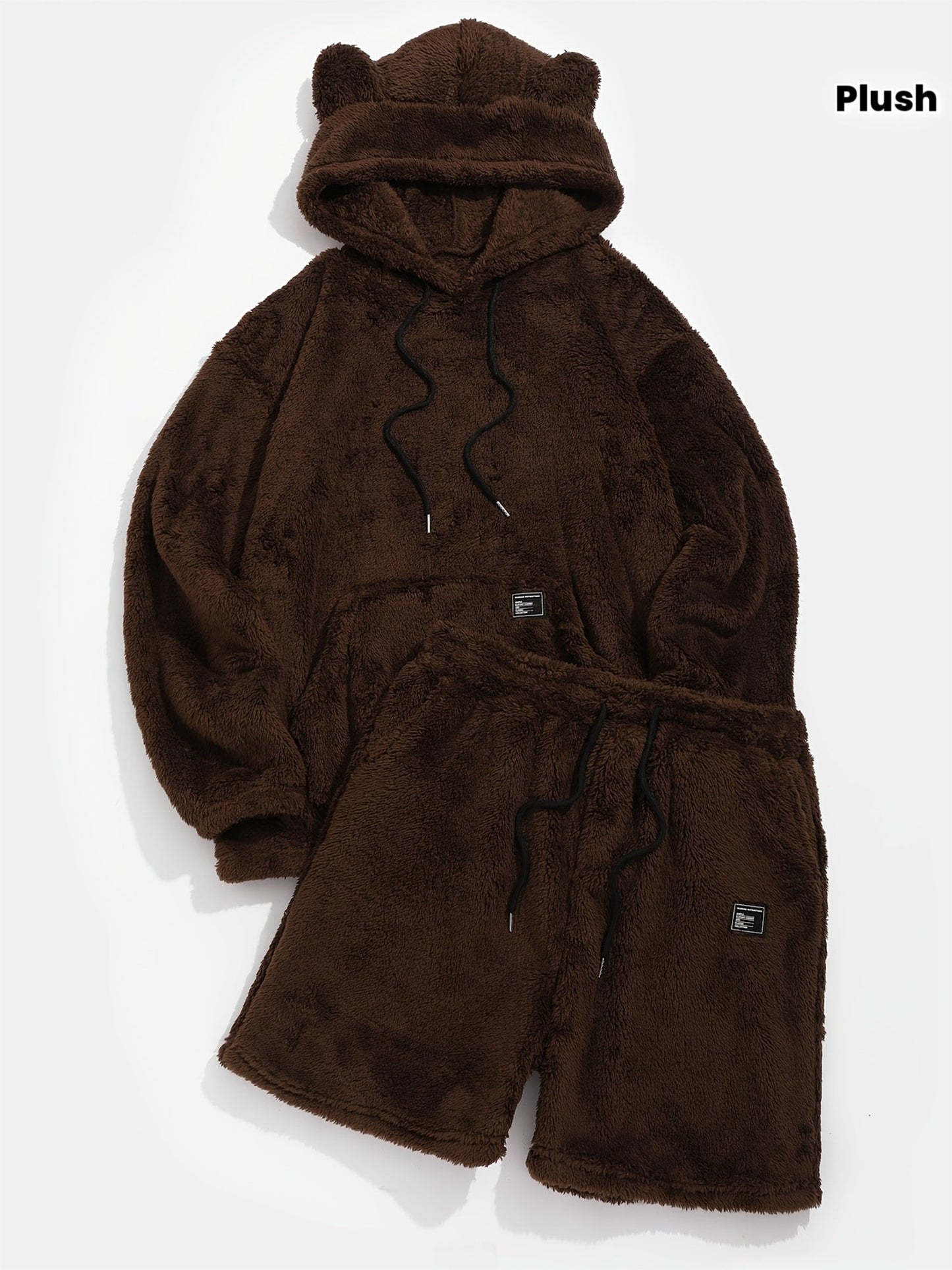 Plush hoodie and shorts set with bear ears, brown, cozy 2-piece outfit