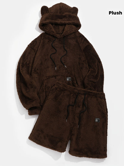 Plush hoodie and shorts set with bear ears, brown, cozy 2-piece outfit