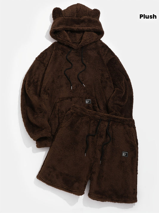 Plüsch Hoodie & Shorts Set mit Bärenohren, Braun, Kuscheliges 2-Teiler
