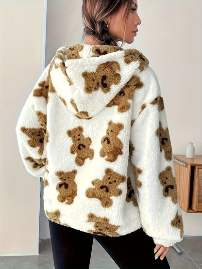 White fluffy hoodie with a brown teddy bear pattern for women