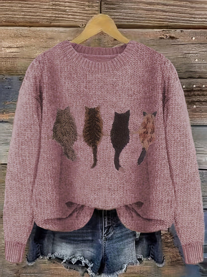 Women's knitted sweater with round neckline and cat motif