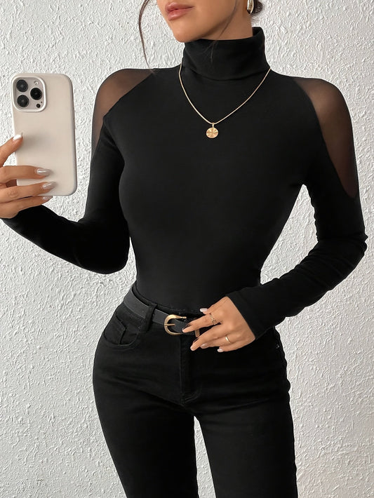 Damen Rollkragen-Oberteil mit transparenten Ärmeldetails, Schwarz