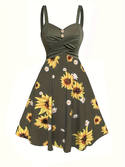 Damen Vintage Sommerkleid A-Linie mit Sonnenblumenmuster – Perfekt für Alltag und Freizeit