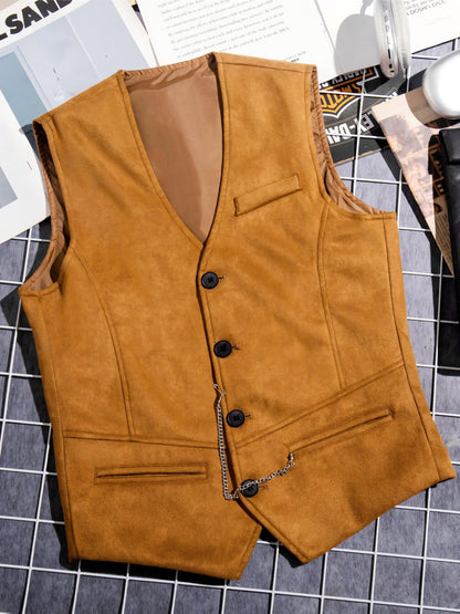 Men's vest with V-neck, button placket, and chain detail