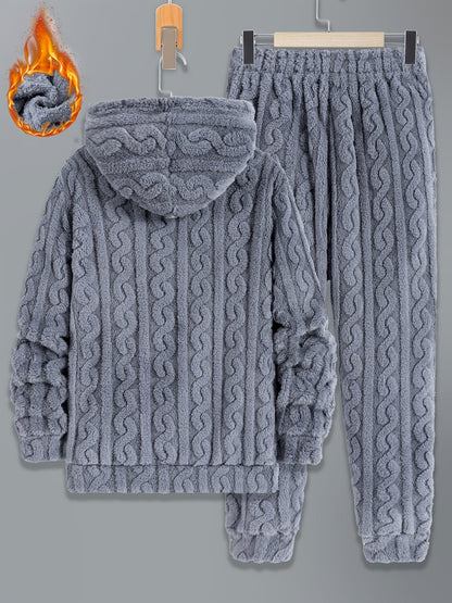 Men's cozy cable-knit tracksuit with hoodie and pants, soft & warm
